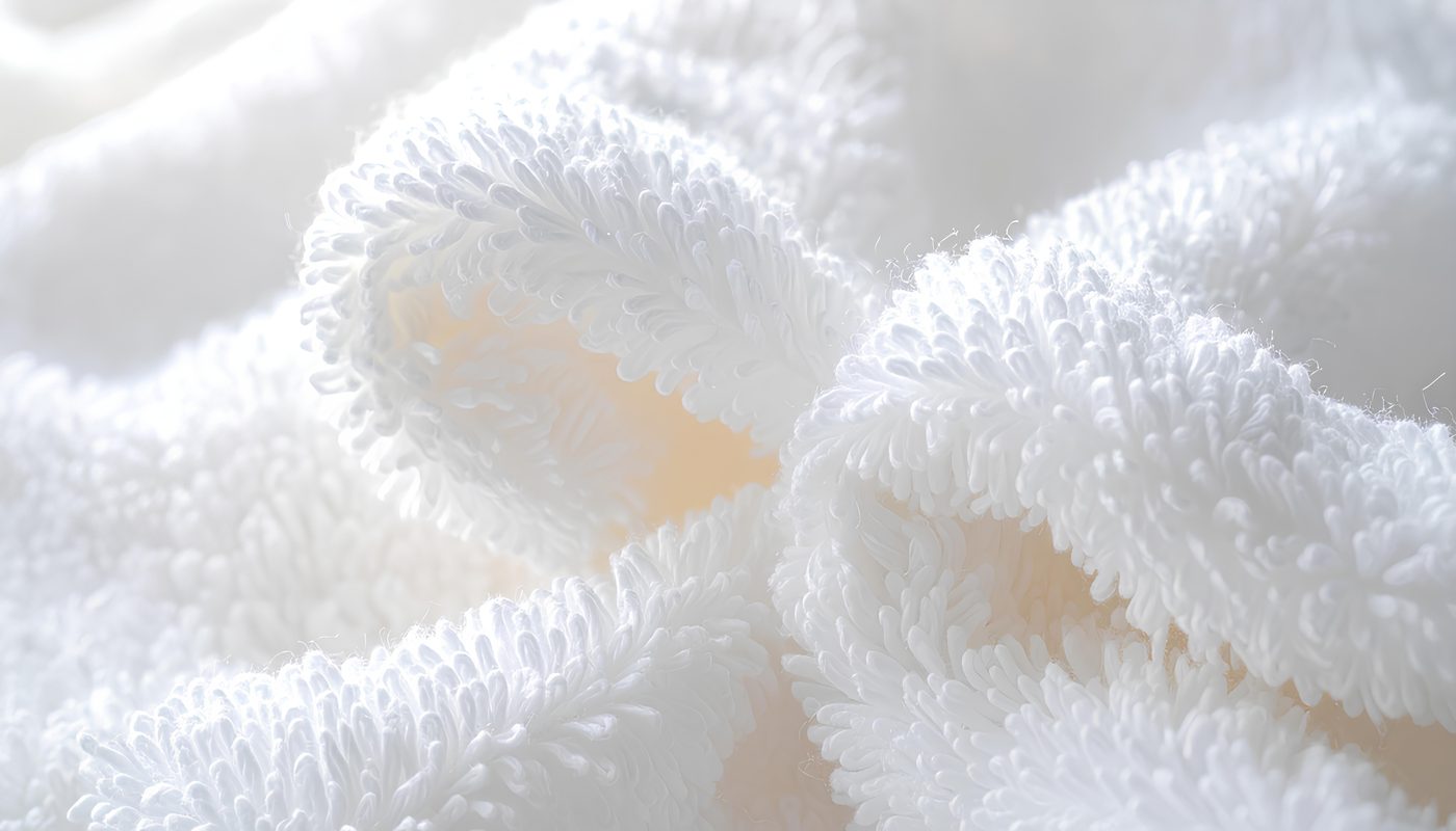 Macro close-up of plush white long-staple cotton towel loops